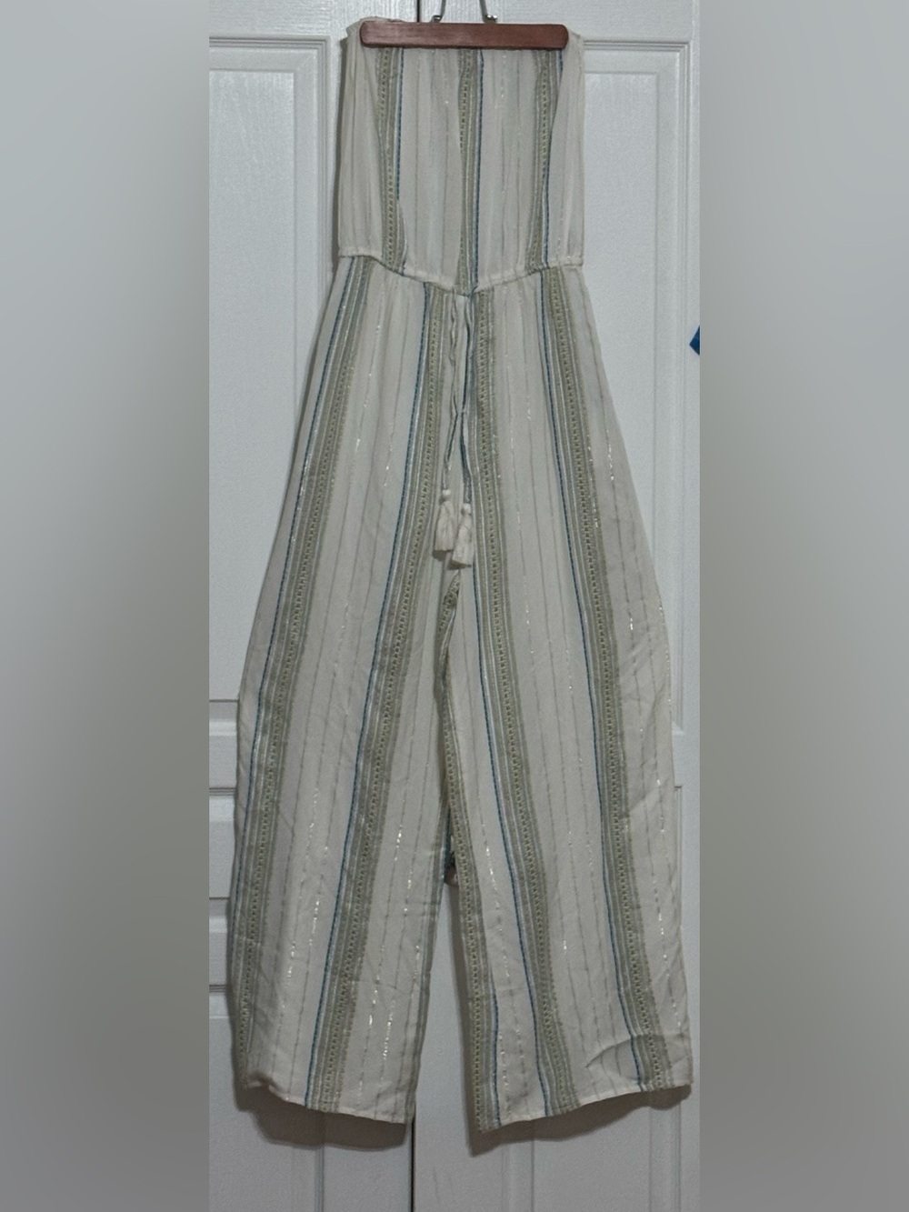 Elan Cream Jumpsuit with Green and Blue Stripes